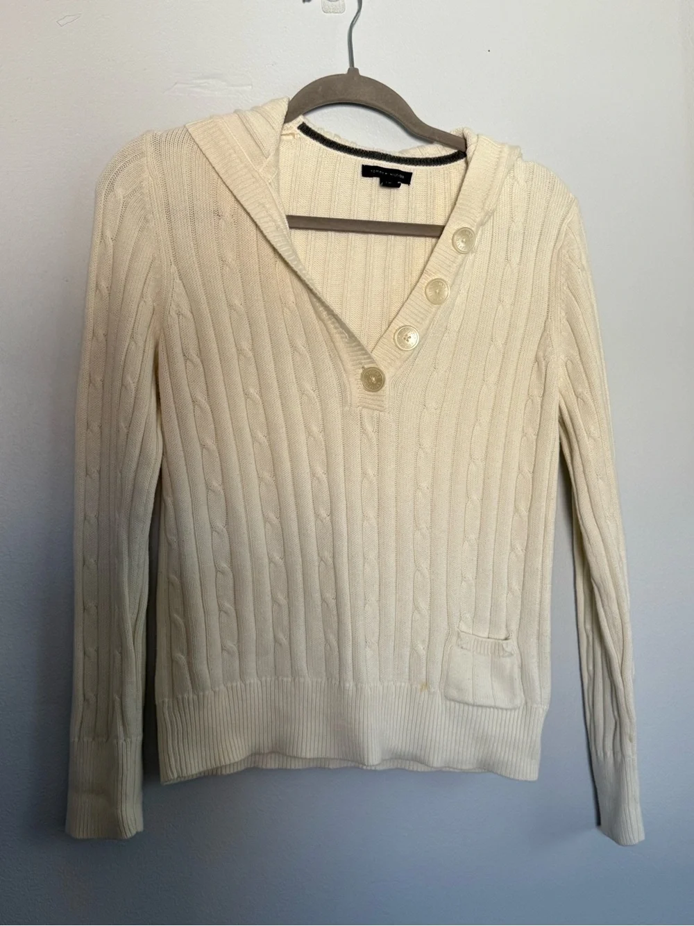White Cable-Knit Hooded Sweater with Button Placket